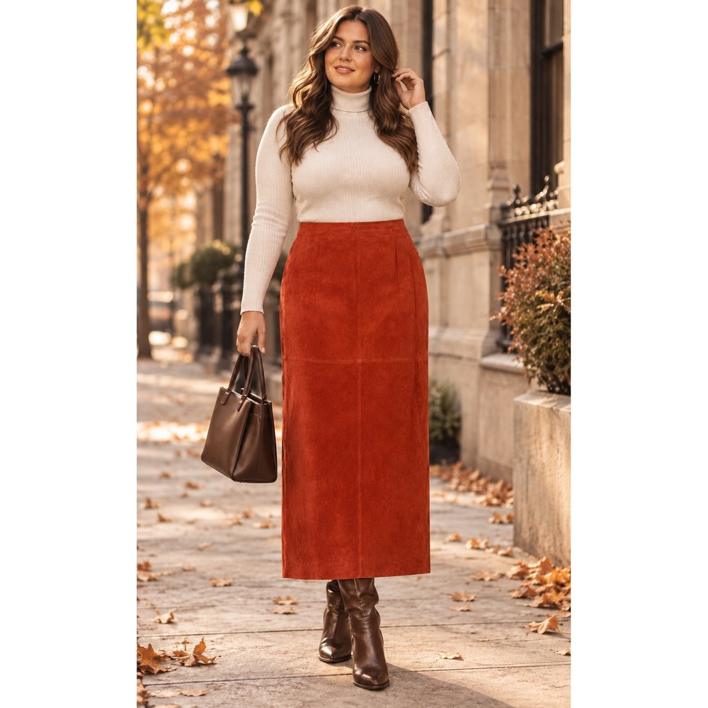Vintage NWT Burnt Orange Suede Maxi Skirt Women's Size 12 L Fall Boho Western